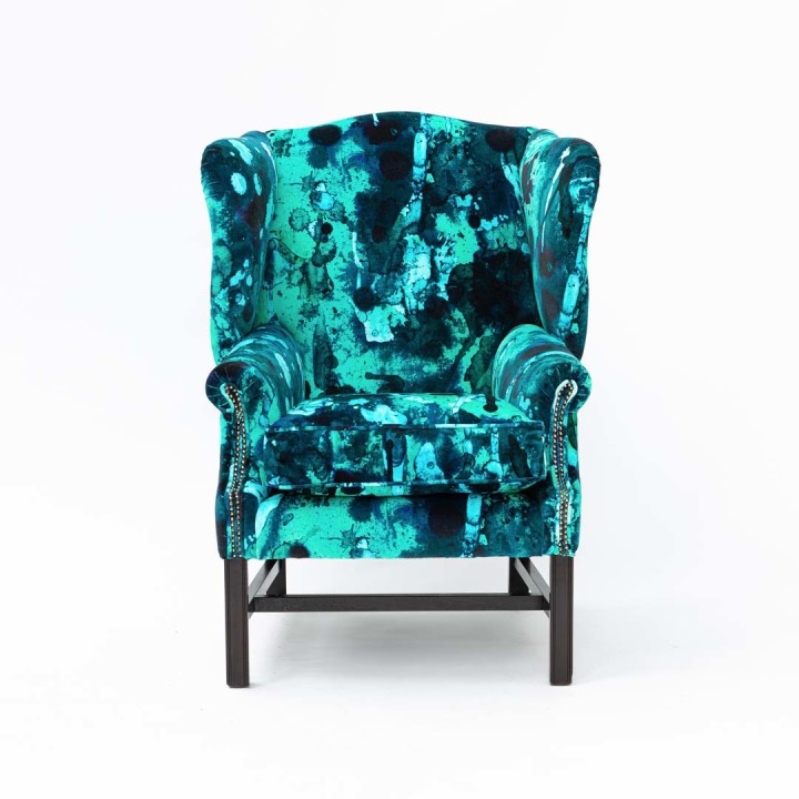Storm Blotch Blue Velvet Wingback Chair | Timorous Beasties